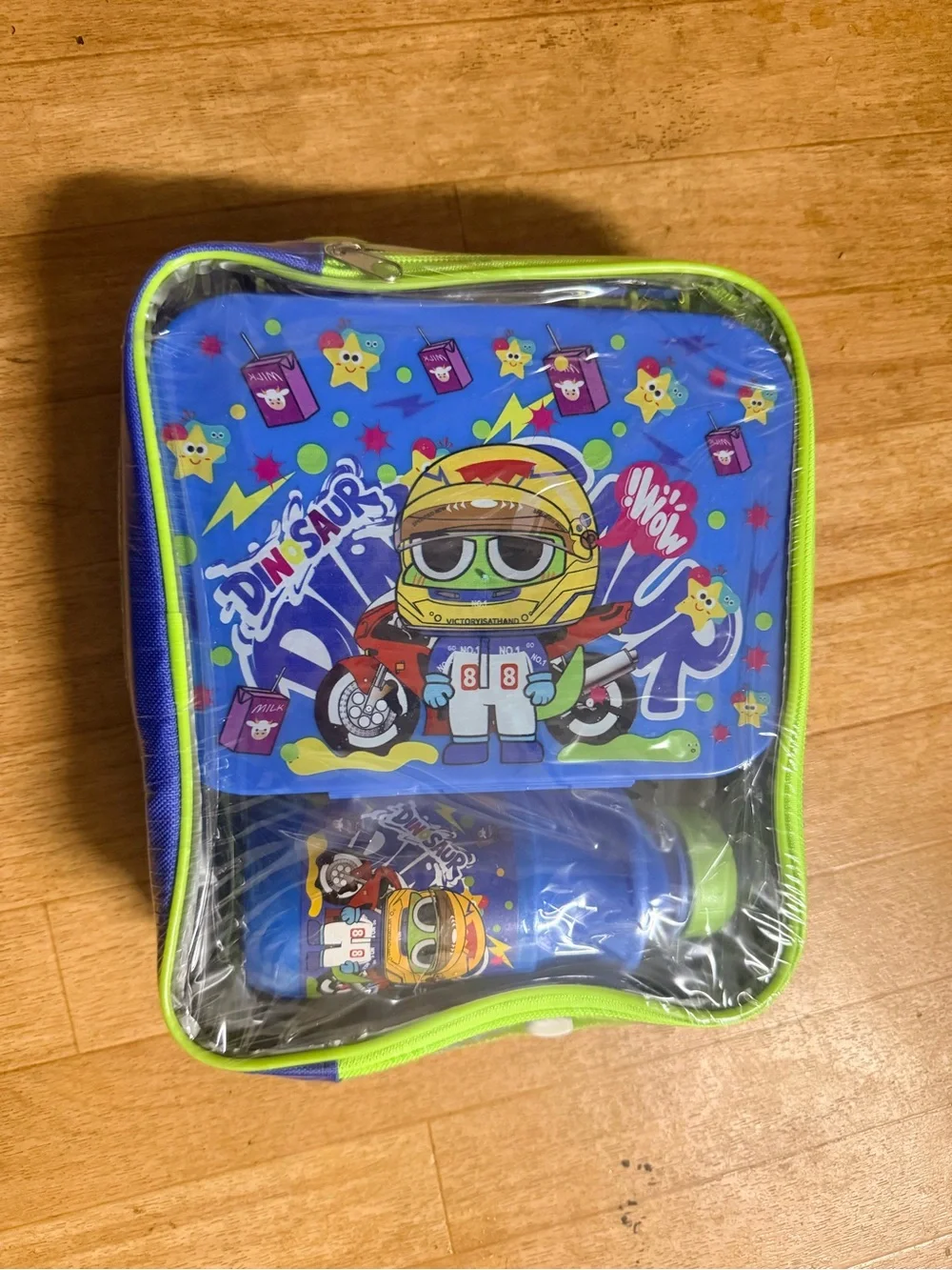Kids Dino Racer Lunch Bag and Bottle Set - Blue & Neon Green